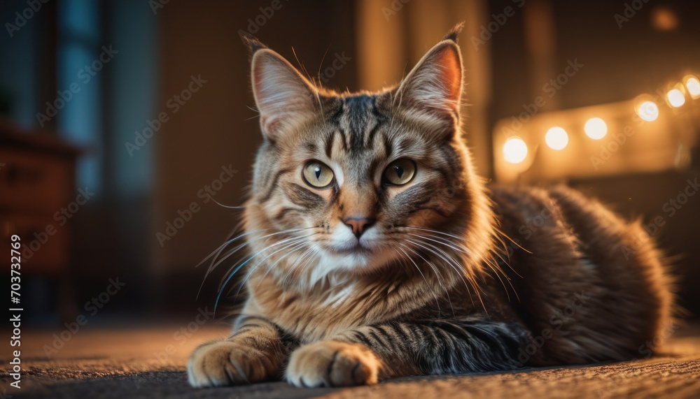 a close up of a cat laying on the ground with a light on the side of the room in the background and a string of lights on the wall behind it.