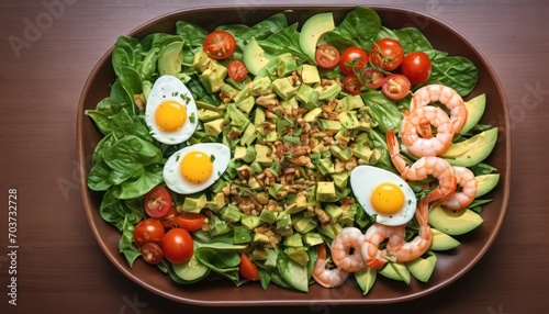  a salad with shrimp, avocado, tomatoes, lettuce, eggs, and avocados in a brown bowl on a wooden table with a wooden surface.