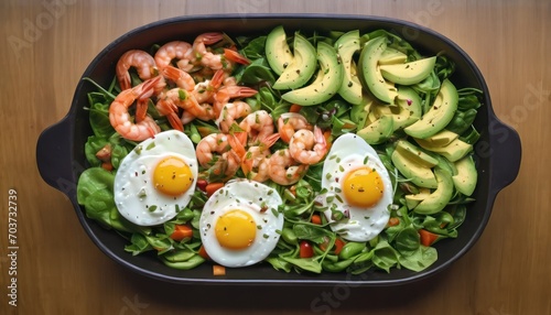  a salad with shrimp, eggs, avocado, and lettuce with shrimp and avocado slices in a black bowl on a wooden table top.