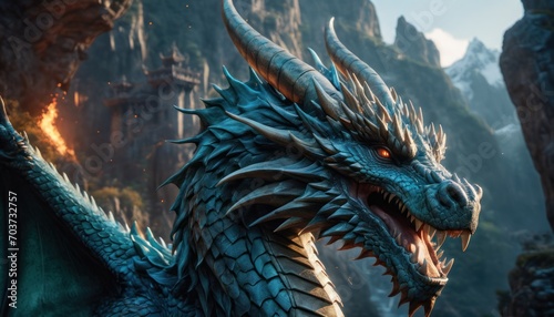  a close up of a dragon with its mouth open in front of a mountain range with fire coming out of it's mouth and a mountain in the background.