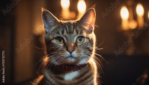  a close up of a cat sitting in front of a wall with candles in the background and a cat looking at the camera with a smile on it's face.