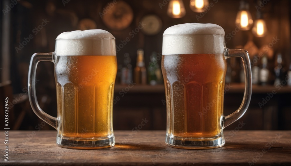  two mugs of beer sitting on a table in front of a bar with bottles of beer in the back ground and a bar in the back ground behind them.
