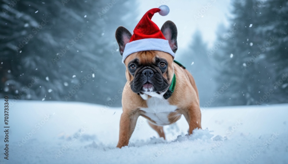  a brown and white dog wearing a santa hat on top of it's head while standing in the snow in front of a pine tree filled with snow covered forest.