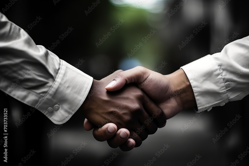 Two businessmen shake hands firmly Only their hands were visible. It communicates trust, cooperation, and cooperation in a professional environment. Unity and common goals between business partners Two businessmen shake hands firmly Only their hands were visible. It communicates trust, cooperation, and cooperation in a professional environment. Unity and common goals between business partners