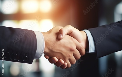 Two businessmen shake hands firmly Only their hands were visible. It communicates trust, cooperation, and cooperation in a professional environment. Unity and common goals between business partners