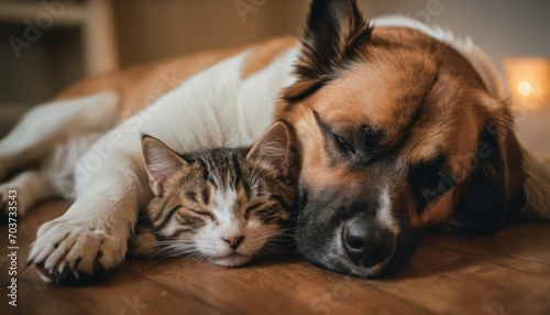  a close up of a dog and a cat laying on a wooden floor next to each other on top of a hard wood floor with a candle light in the background.