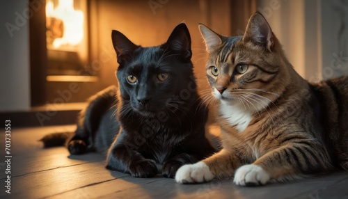  a couple of cats laying next to each other on a wooden floor in front of a fireplace with a light shining on the cat's head and the other side of the cat.