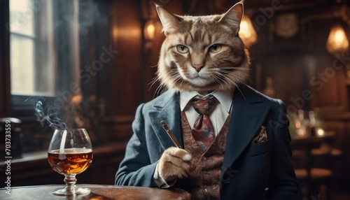 a cat dressed in a suit and tie sitting at a table with a glass of wine in front of him and a cigar in the other side of the table.