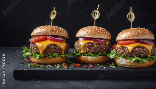  three hamburgers with cheese, lettuce, tomatoes, and onions on a black surface with a fork and spoon in the middle of the buns on top of the bun.