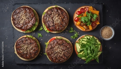  four burgers with lettuce, tomato, cucumber, lettuce, and other toppings on top of a slate board with a bowl of seasoning.