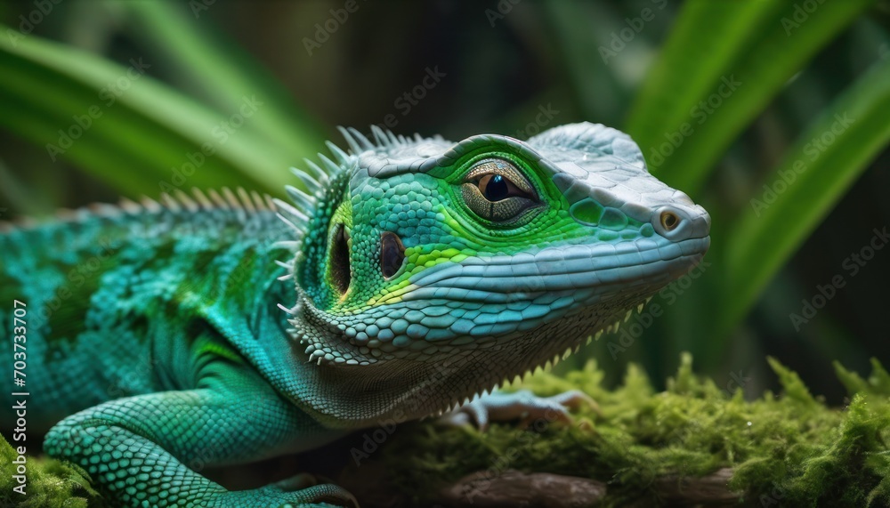  a close up of a green and white lizard on a mossy surface with a green plant in the background and a black and white stripe around the edge of the image.