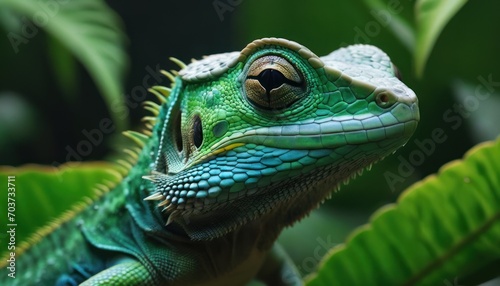  a close up of a green and blue lizard on a branch of a plant with leaves in the foreground and in the background  a blurry background of green foliage.