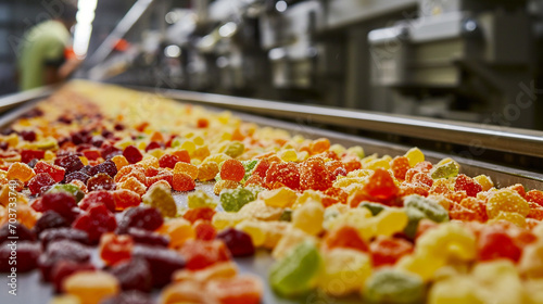 The sweet aroma of tape sweets and candied fruits fills the air as they move along the conveyor belt, ready for automatic packaging. ai generated.