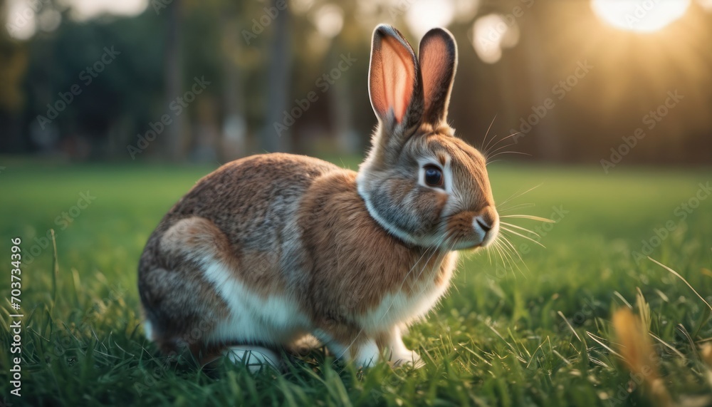 a brown and white rabbit sitting on top of a lush green field with the sun shining down on it's back and its ears in the center of it's ears. a brown and white rabbit sitting on top of a lush green field with the sun shining down on it's back and its ears in the center of it's ears.
