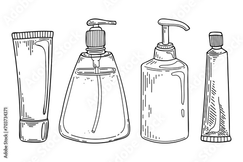 Set cosmetic bottles sketch. Sanitizer tube cream gel. Hand drawn line art illustration.