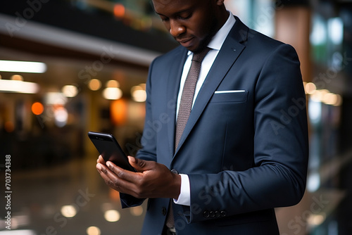 A young successful African American man smiles while looking at the smartphone screen. Businessman in a business suit © SappiStudio