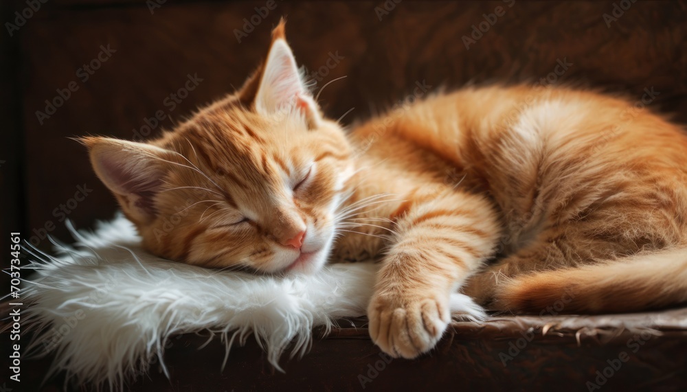  an orange and white cat sleeping on top of a white fluffy pillow on a brown leather couch with it's head resting on a white fluffy white fluffy pillow.