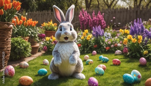  a large bunny sitting in the middle of a garden filled with colorful flowers and easter eggs in front of a fenced in area with potted plants and flowers.