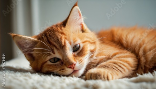  a close up of a cat laying on top of a white blanket on top of a carpeted floor with it's paws resting on the edge of the floor.