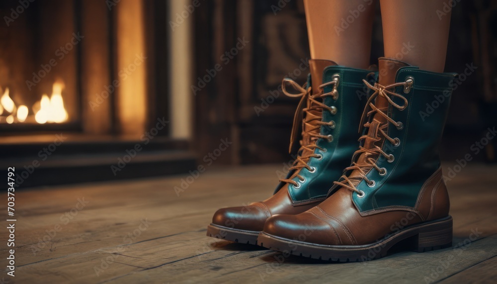 a woman standing in front of a fire place wearing green and brown boots with laces on the side of the boots and a fireplace in the background is a wood floor. a woman standing in front of a fire place wearing green and brown boots with laces on the side of the boots and a fireplace in the background is a wood floor.