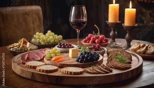  a wooden platter filled with cheese  crackers  grapes  meats  and cheeses next to a glass of wine on a wooden table with candles.