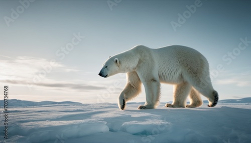  a large white polar bear walking across a snow covered field with mountains in the background and a blue sky with white clouds in the top of the polar bear s head.