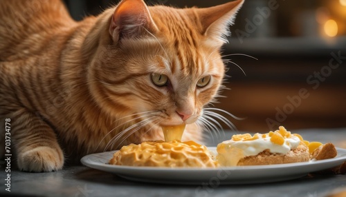  a close up of a cat on a table near a plate with a piece of cake on it and a piece of cake on a plate with a bite taken out of it.