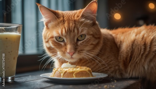 a close up of a cat on a table with a plate of food and a glass of milk on the side of the table and a glass of milk in the foreground.
