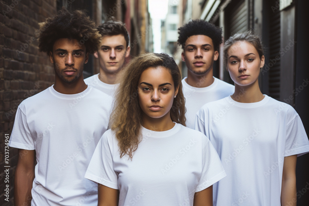 A group of young people of different nationalities pose in white T-shirts. T-shirt mockup. Empty space for design A group of young people of different nationalities pose in white T-shirts. T-shirt mockup. Empty space for design