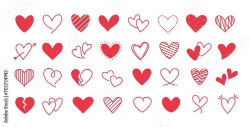 Doodle red hearts set. Valentine's Day, February 14th. Romance and love illustration