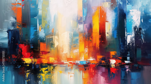 a painting of a cityscape.a vibrant and detailed painting capturing the beauty of a riverside city.Abstract oil painting of a city with bold strokes. Graphic design art. Background with a skyscrapers.