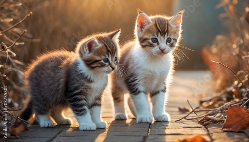  a couple of small kittens standing next to each other on a brick walkway in front of some bushes and dry grass with leaves on the ground in the foreground. © Jevjenijs