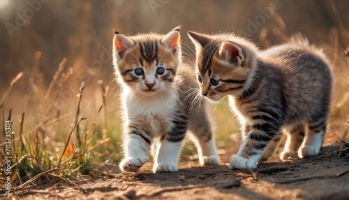  a couple of small kittens standing on top of a dry grass covered field in front of a field of tall grass and dry grass with tall grass in the background.
