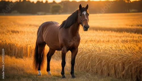  a brown horse standing on top of a dry grass field next to a field of tall dry grass with the sun shining on the horizon in the distance behind it. © Jevjenijs