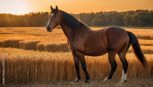  a brown horse standing on top of a dry grass field next to a field of tall grass with the sun setting behind it and a tree line in the distance. © Jevjenijs