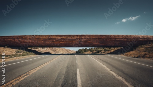  a long wooden bridge over a highway in the middle of a desert area with mountains in the background and a blue sky with a few clouds in the foreground.