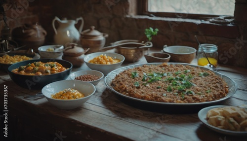  a table topped with bowls of food next to a pan of macaroni and cheese on top of a wooden table next to other bowls of macaroni and cheese.