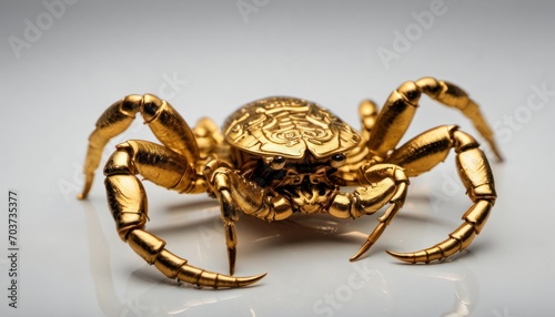  a close up of a gold colored crab on a white surface with a reflection of the crab on the back of the crab's head and the crab's legs.