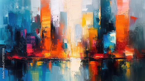 a painting of a cityscape.a vibrant and detailed painting capturing the beauty of a riverside city.Abstract oil painting of a city with bold strokes. Graphic design art. Background with a skyscrapers.