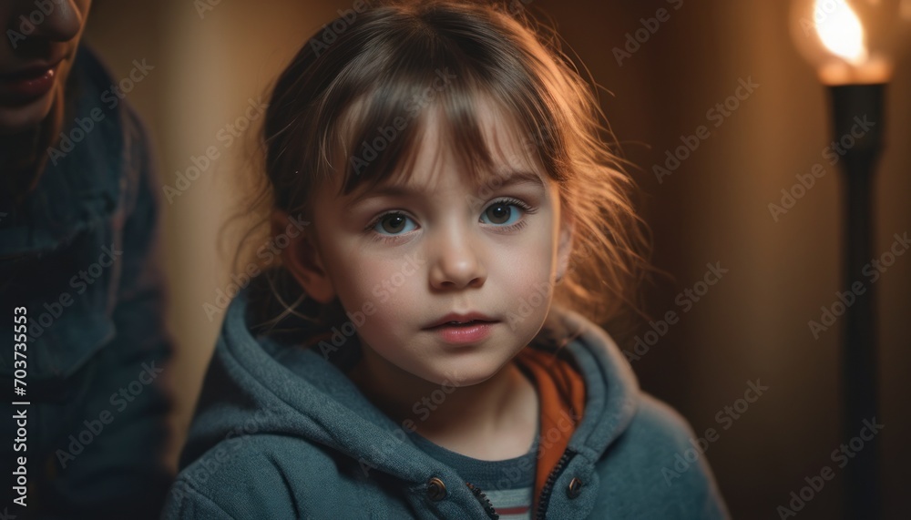 a close up of a child wearing a hoodie and looking at the camera with a lit candle in the background and a person in the background looking at the camera. a close up of a child wearing a hoodie and looking at the camera with a lit candle in the background and a person in the background looking at the camera.