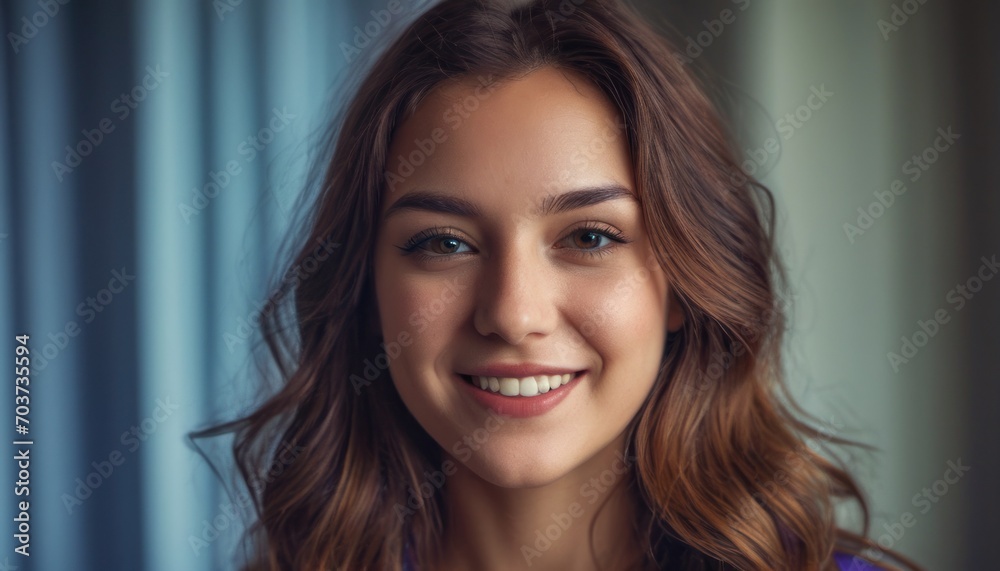 a close up of a person wearing a blue shirt and smiling at the camera with a blue curtain in the background and a curtain behind her is a blue curtain. a close up of a person wearing a blue shirt and smiling at the camera with a blue curtain in the background and a curtain behind her is a blue curtain.