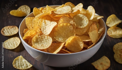  a white bowl filled with potato chips on top of a wooden table next to a pile of cut up potato chips on top of a table top of a wooden table.