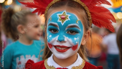  a close up of a child's face with a painted face and a red and blue feathered headdress and a red and white shirt and blue background.