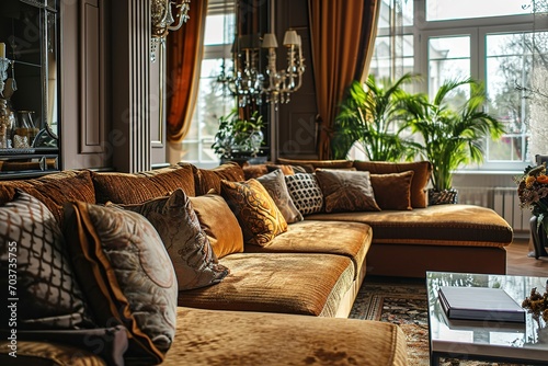 In the living room of a luxurious home is a brown corner sofa with pillows. © Azar