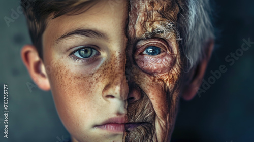 Fotografia, Obraz Dramatic Close-Up Portrait of a Young and Elderly Face Combined - Conceptual por