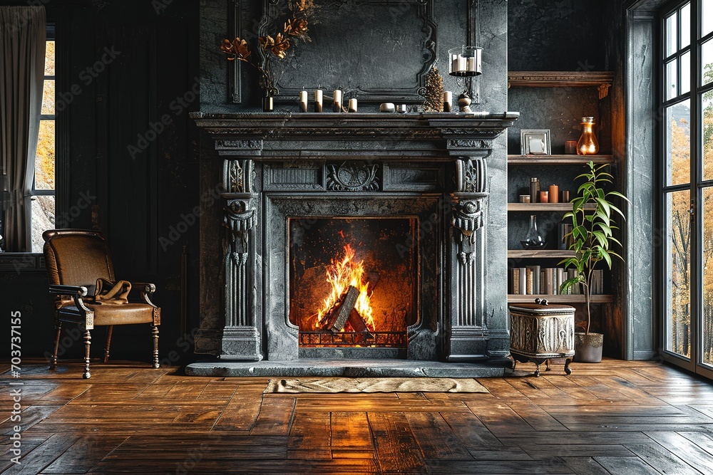 Large traditional fireplace with roaring fire. Empty mantle piece ...