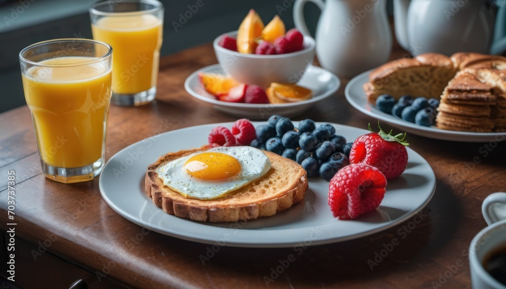  a breakfast of toast, fruit, and eggs on a table with a pitcher of orange juice and a glass of orange juice and a pitcher of orange juice on the side.