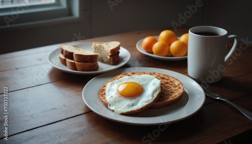  a plate of waffles with a fried egg on top of them and a cup of coffee on a table with oranges and a window in the background.