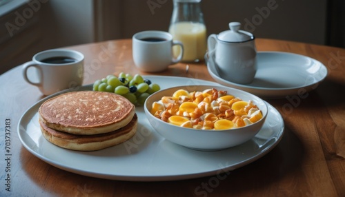  a white plate topped with a bowl of cereal next to a bowl of fruit and a plate of pancakes next to a cup of milk and a cup of coffee. © Jevjenijs