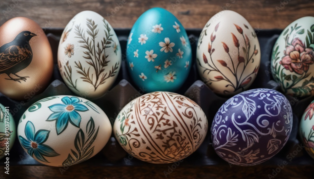 a close up of a tray of eggs with painted eggs in the shape of flowers and a bird on one of the eggs, and a bird on the other side of the eggs. a close up of a tray of eggs with painted eggs in the shape of flowers and a bird on one of the eggs, and a bird on the other side of the eggs.